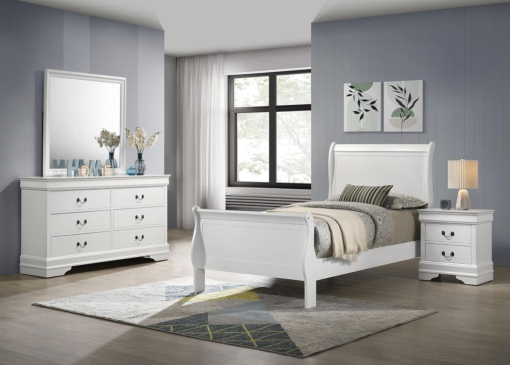 Coaster Home Furnishings Louis Philippe Traditional 4-Piece Bedroom Set Twin Size Sleigh Bed Frame 47-inch Headboard White 202441T-S4