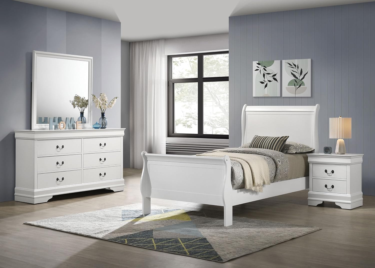 Coaster Home Furnishings Louis Philippe Traditional 4-Piece Bedroom Set Twin Size Sleigh Bed Frame 47-inch Headboard White 202441T-S4