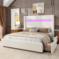 Jocisland Queen Size Corduroy Upholstered Bed Frame with 4 Storage Drawers & 51.2' Tall Wingback Headboard, LED Platform Bed with Charging Station, Easy Assembly, No Box Spring Needed, White