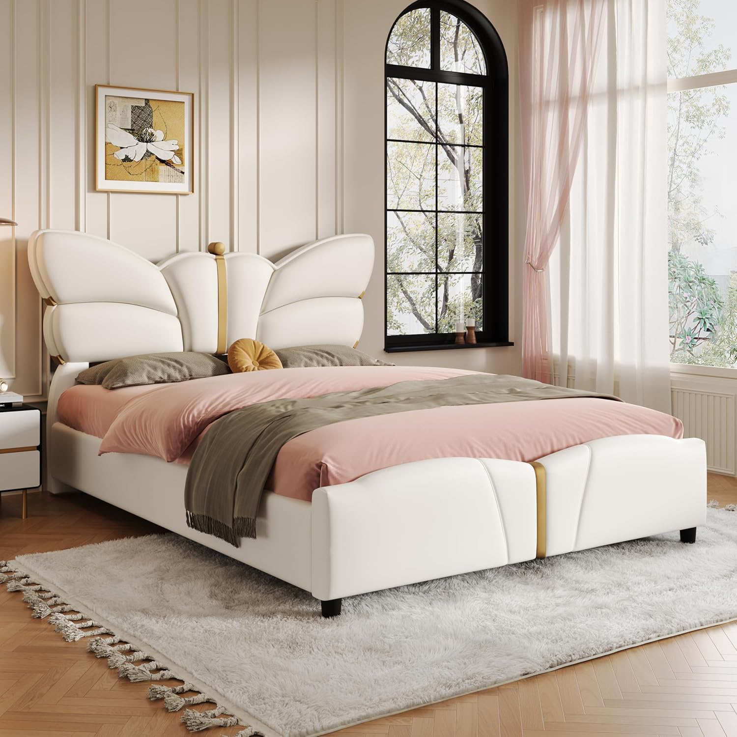 Merax PU Leather Upholstered Platform Bed with Butterfly Shaped Headboard and Footboard, Full Size Bed Frame for Bedroom, Solid Wood Slats Support, No Box Spring Needed, Easy Assembly, Beige