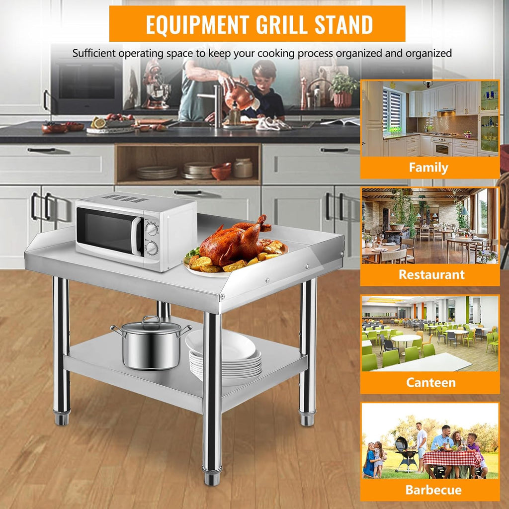 GarveeTech Stainless Steel 24x24x24 in Equipment Grill Stand Table, 1000 LBS Top Shelf, 220 LBS Bottom Shelf, Adjustable Legs, 2 in Edge Baffle, for Hotel, Home, Commercial Restaurant Kitchen