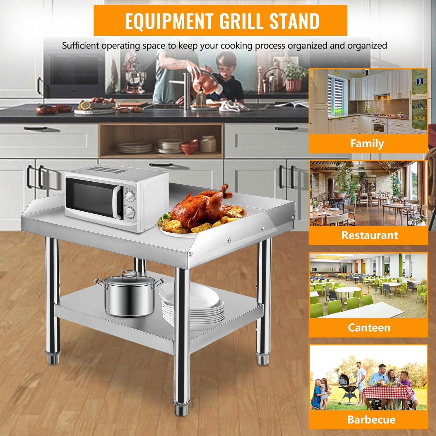 GarveeTech Stainless Steel 24x24x24 in Equipment Grill Stand Table, 1000 LBS Top Shelf, 220 LBS Bottom Shelf, Adjustable Legs, 2 in Edge Baffle, for Hotel, Home, Commercial Restaurant Kitchen