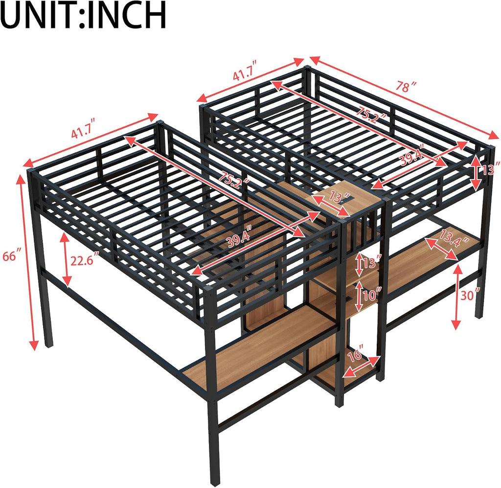 Bellemave Twin Over Twin Metal Loft Bed with Desk and Wardrobe for 2 Kids,Twin Size Heavy Duty Double Loft Bed Frame with Charging Station and Shelves for Boys,Girls,Adults,Woodgrain