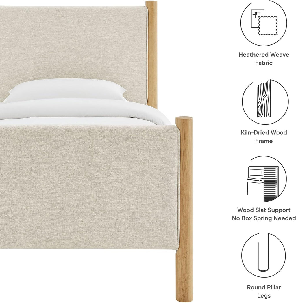 Modway Maven Twin Size Bed Frame in Ivory Oak with Upholstered Fabric Headboard and Footboard – Wood Twin Platform Bed Frame – No Box Spring Needed