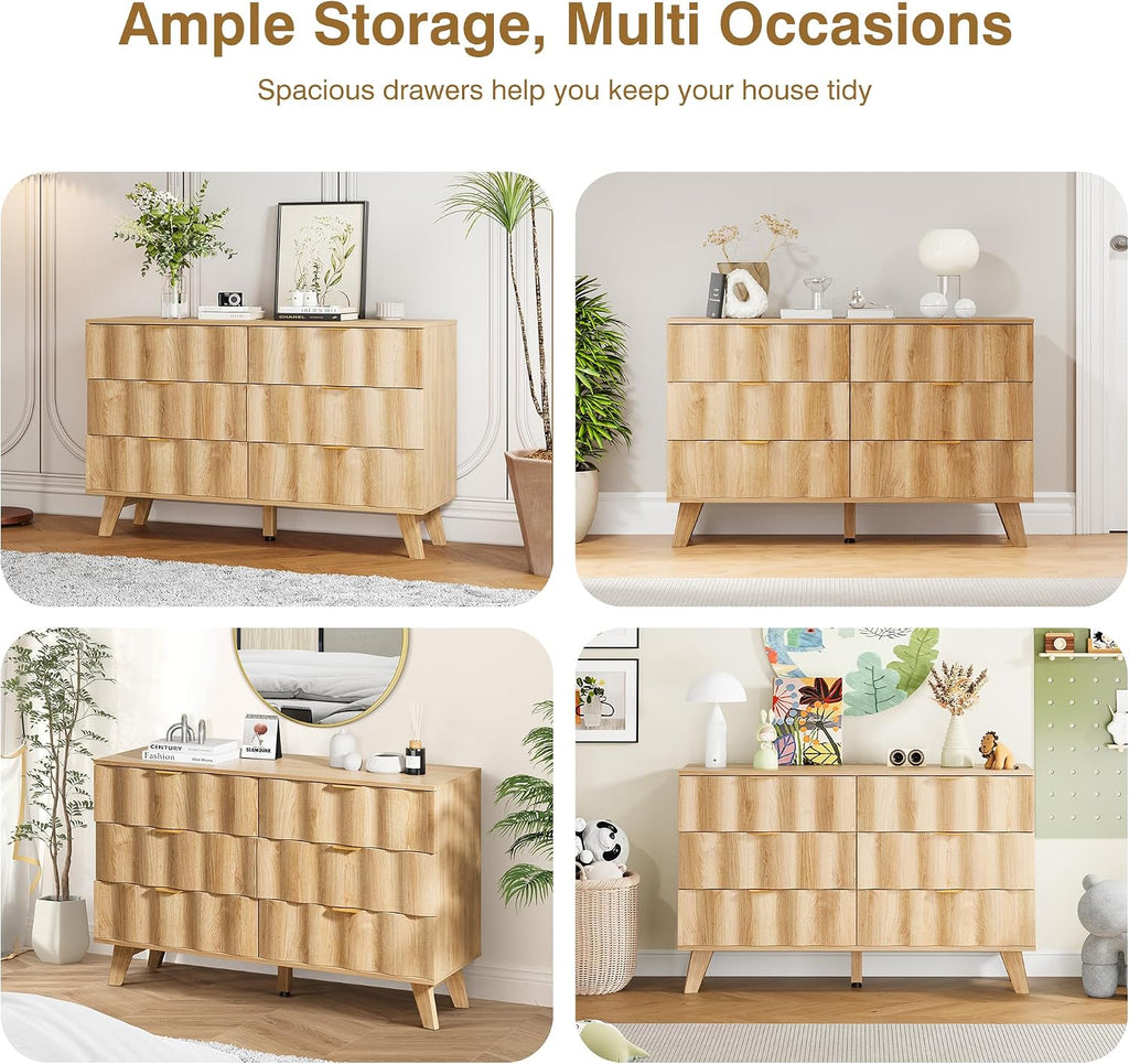 6 Drawer Dresser, Modern Fluted Storage Dresser with Deep Drawers and Metal Handles, Wood Chest of Drawers Storage Organizer for Bedroom, Living Room, Hallway (Natural)