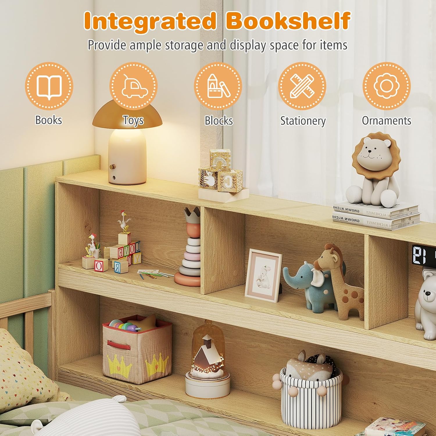 Giantex Twin Floor Bed for Kids, Wooden Montessori Bed Frame with Bookcase, Storage Shelves & Safety Fence Rails, Floor Beds Twin for Girls, Boys, No Box Spring Needed, Without Slats, Natural