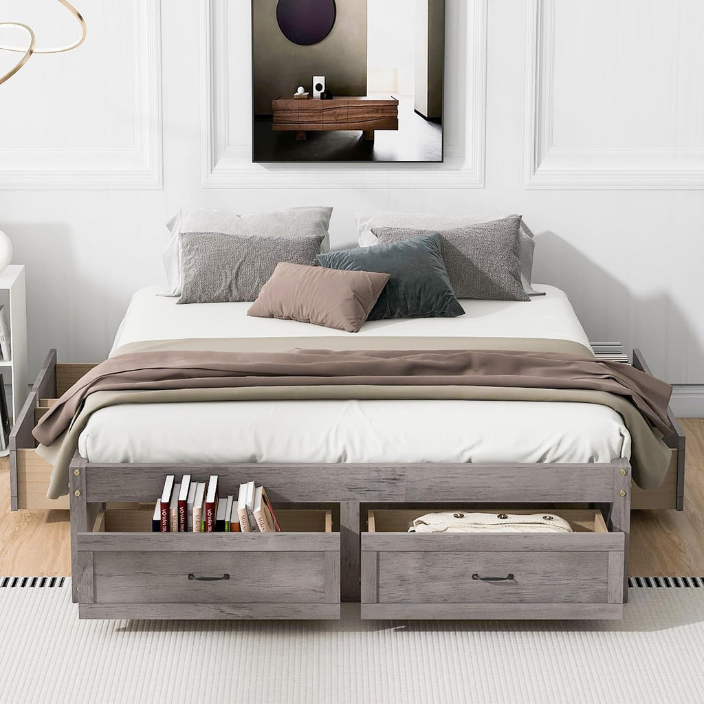 CITYLIGHT Queen Size Platform Bed with 6 Drawers, Wooden Queen Bed Frame with Storage and Wood Slat Support, Antique Grey