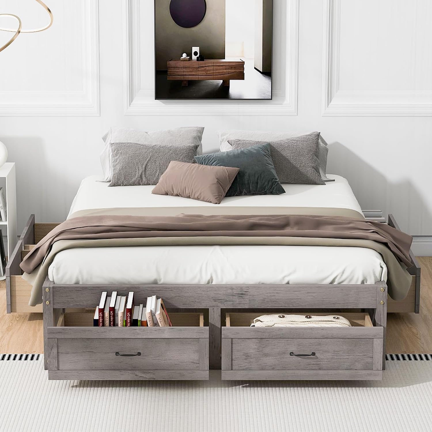 CITYLIGHT Queen Size Platform Bed with 6 Drawers, Wooden Queen Bed Frame with Storage and Wood Slat Support, Antique Grey