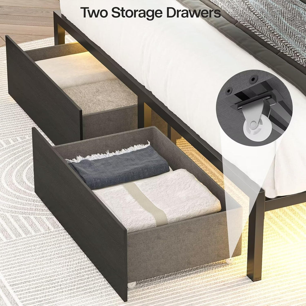 Full Size Bed Frame with Tall Headboard and LED Lights, 51.2' Bookcase Black Bed Frame Full with Storage Drawers and Charging Station, Platform Metal Bed Frames, No Box Spring Needed, Black