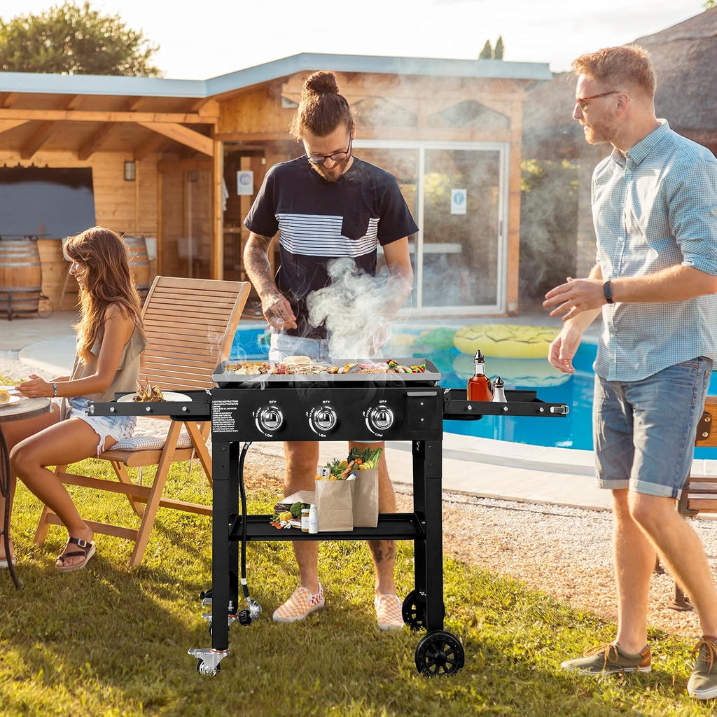 Foldable 3-Burner Flat Top Gas Griddle Cooking Station Propane Fuelled Griddle Station with Side Shelves for Outdoor Barbecue Backyard Cookout