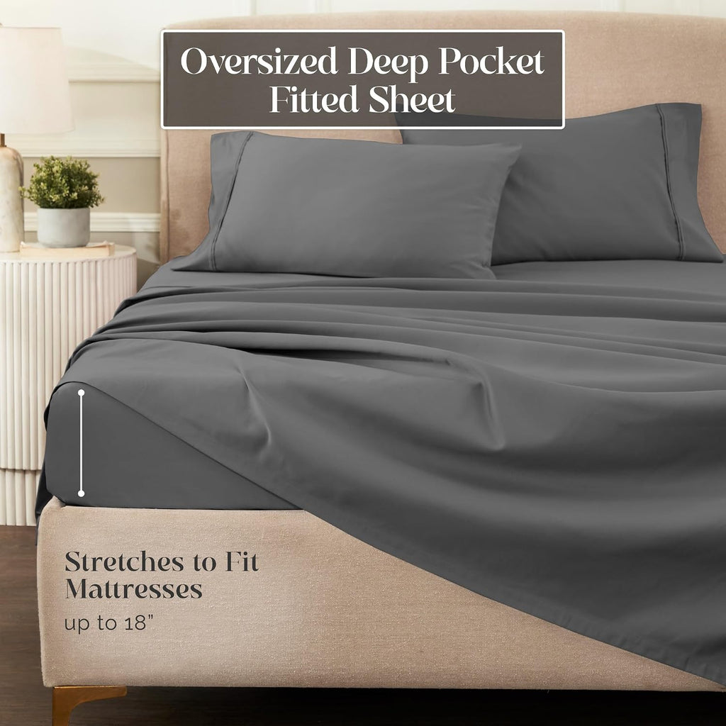 Superior 1200 Thread Count Egyptian Cotton Sheet Set, Bedroom Sheets, Modern Home Essentials, Luxury Bedding, 1 Elastic Deep Pocket Fitted Bed Sheet, 1 Flat Sheet, 2 Pillowcases, King, Charcoal