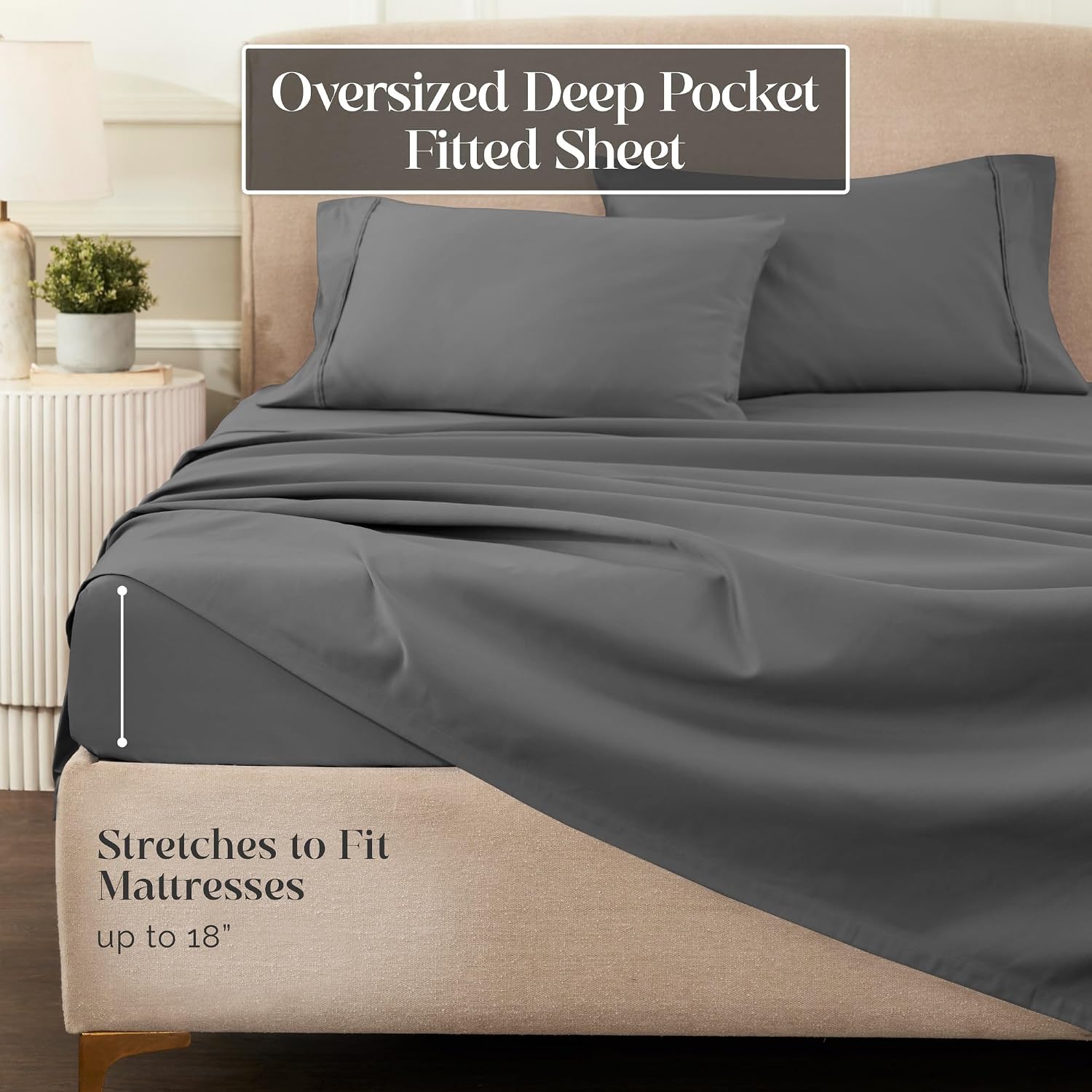 Superior 1200 Thread Count Egyptian Cotton Sheet Set, Bedroom Sheets, Modern Home Essentials, Luxury Bedding, 1 Elastic Deep Pocket Fitted Bed Sheet, 1 Flat Sheet, 2 Pillowcases, Full, Charcoal