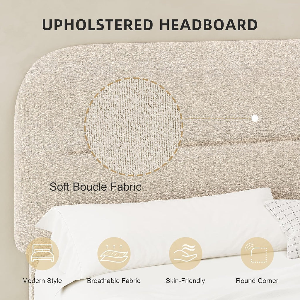 HOMBCK King Size Boucle Bed Frame, Upholstered Cloud Bed Frame with Headboard, Soft Platform Bed Frame with Thickened Footboard, Rounded Corners, No Box Spring Required, Easy Assembly, Beige