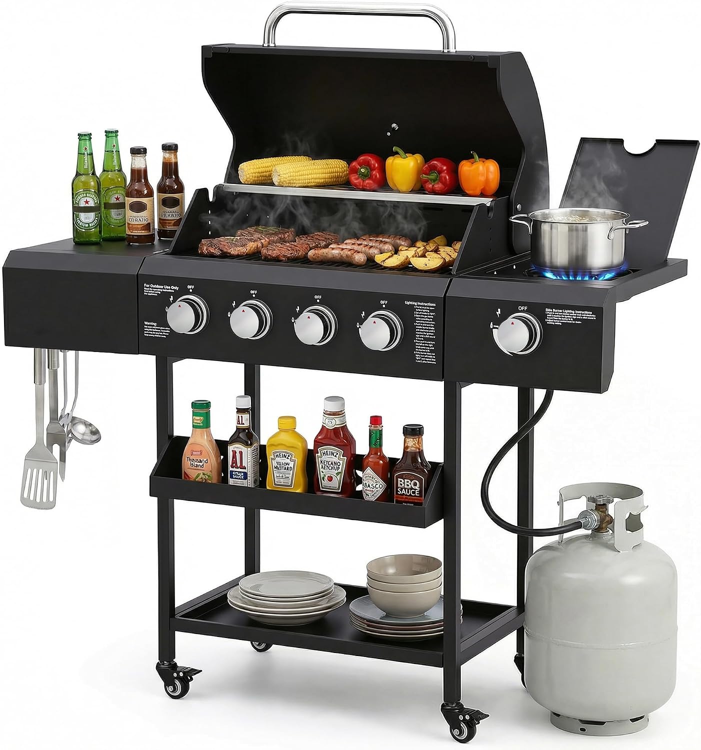 MAGIC UNION 4-Burner Propane Gas Grill with Side Burner, Portable Outdoor BBQ Grill with Wheels, Stainless Steel Grates, Side Tables & Spice Rack, 50000 BTU for Patio, Camping & Outdoor Cooking