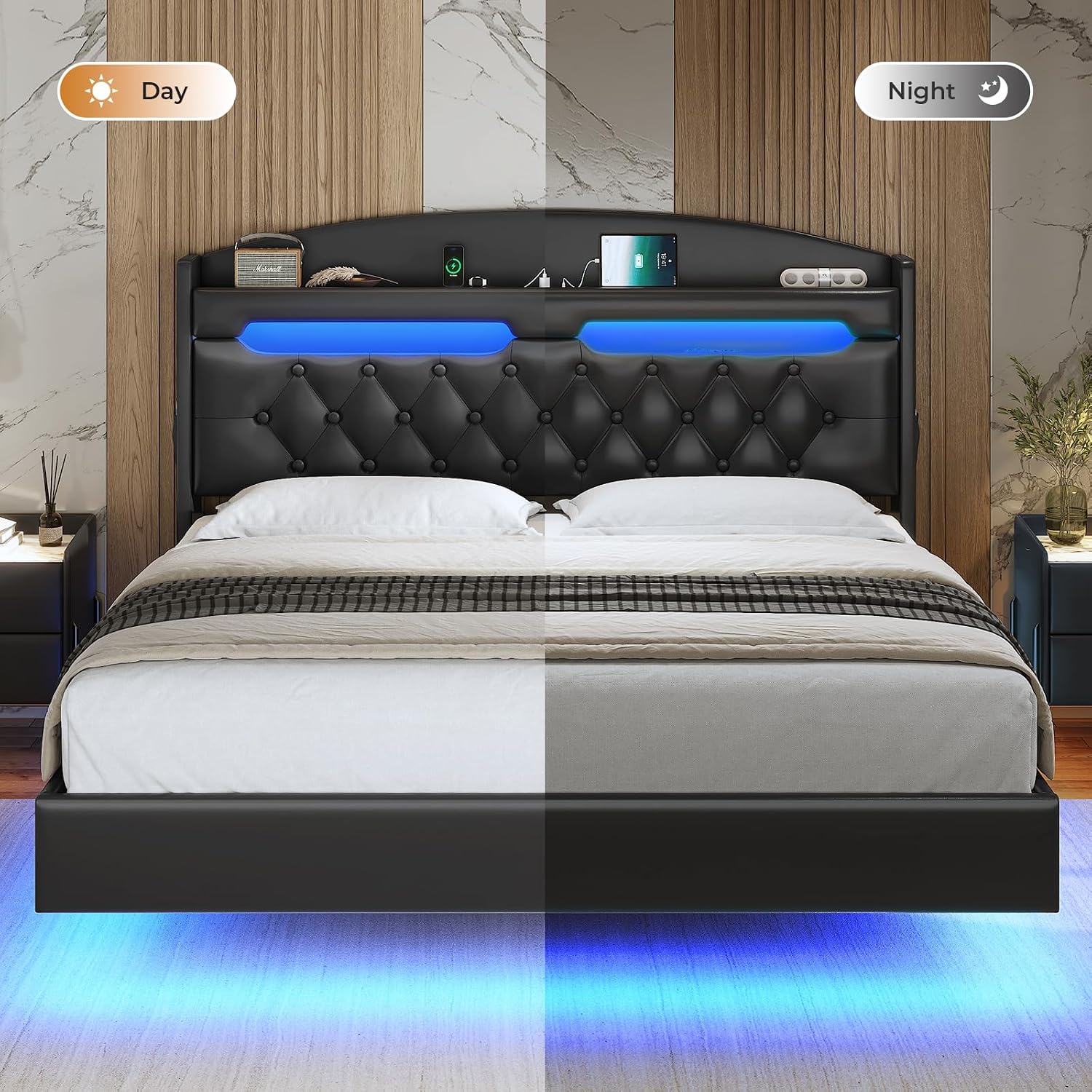 ADORNEVE Floating Bed Frame Full with Hidden Storage Headboard, Floating LED Bed Frame with Charging Station, Upholstered Leather Platform Bed with Storage, No Box Spring Needed, Black