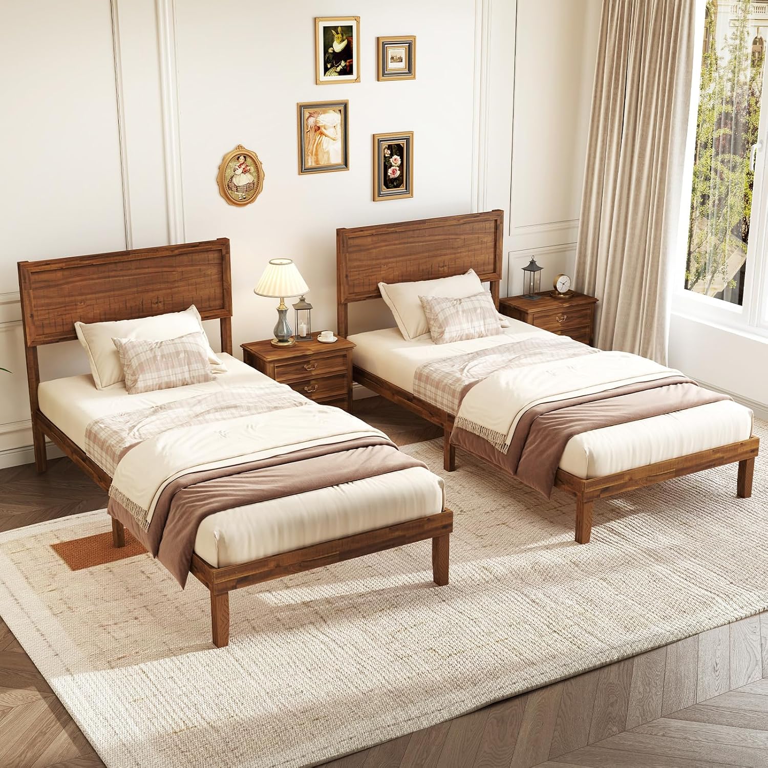 Giantex Wood Twin Bed Frames with Headboard, Mid Century Modern Platform Bed Twin Size with Solid Wood Legs & Wooden Slat Support, Easy Assembly, No Box Spring Needed, Walnut