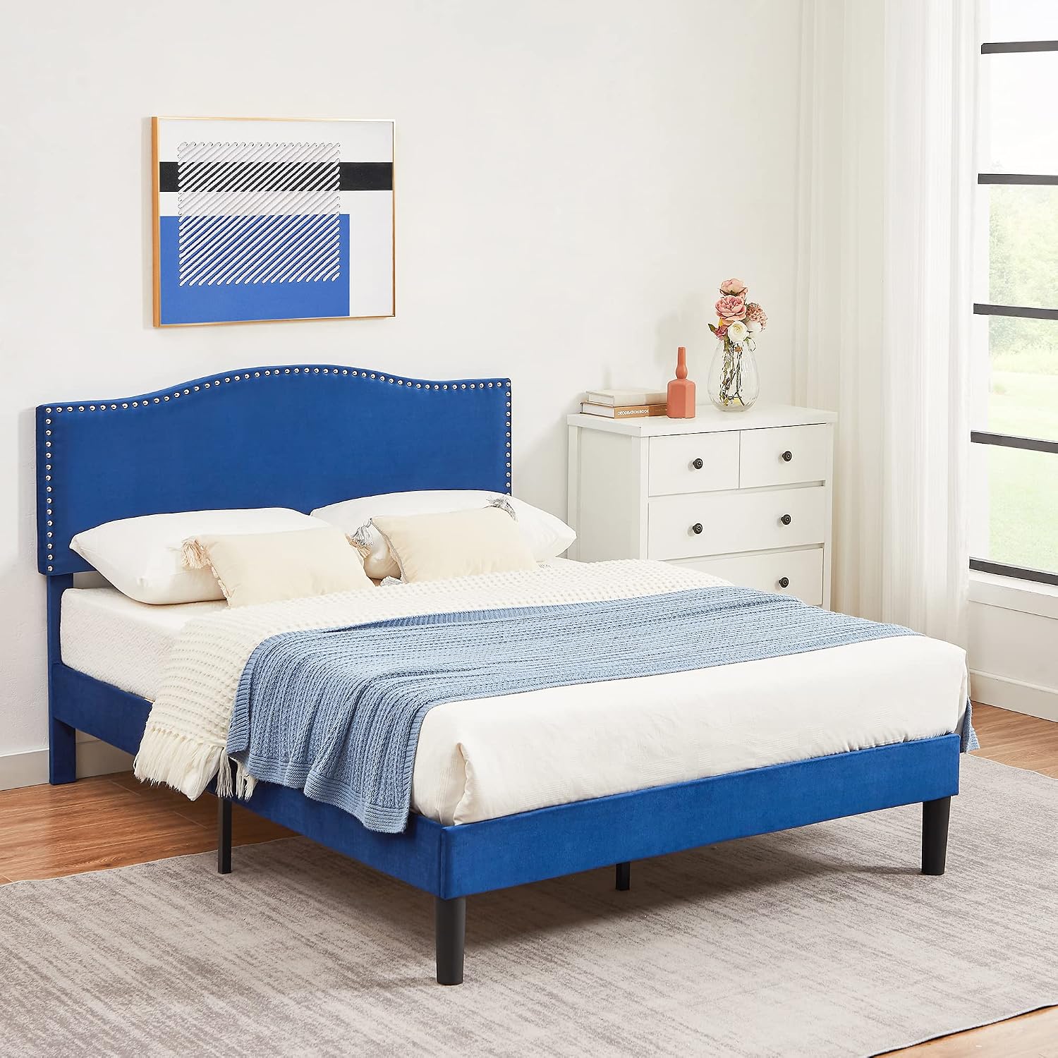 VECELO Queen Bed Frame, Platform Bed Frame with Adjustable Height Upholstered Headboard, Heavy-Duty Frames and Strong Wooden Slats Support, Non-Slip and Noise-Free, Easy Assembly, Dark Blue