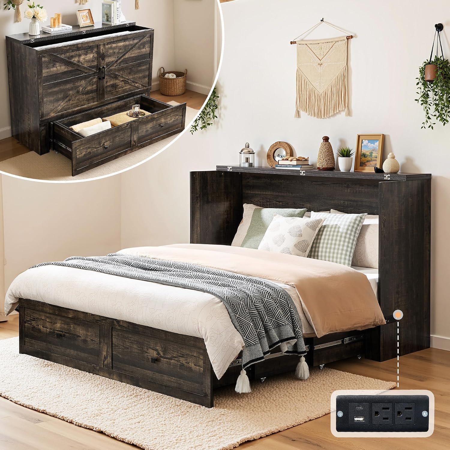 LUXOAK Queen Murphy Bed with Storage and Charging Station, Farmhouse Cabinet Bed, Noise-Free, for Guest Room, Apartment, or Office, Black Oak