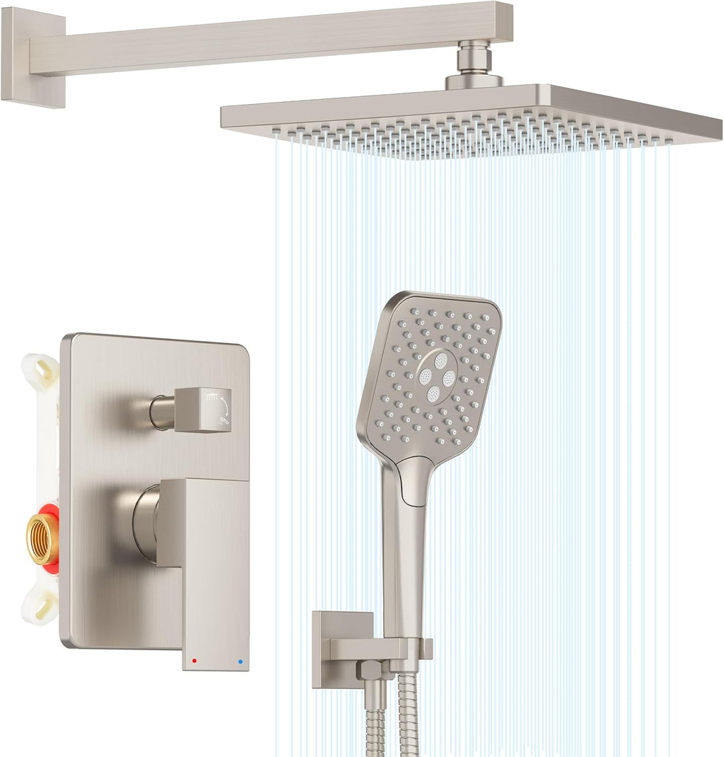 Gabrylly Shower System, Wall Mounted Shower Faucets Sets Complete for Bathroom with High Pressure 10' Rain Shower head and 3-Setting Handheld Shower Head Set, 2 Way Shower Valve Kit, Brushed Nickel