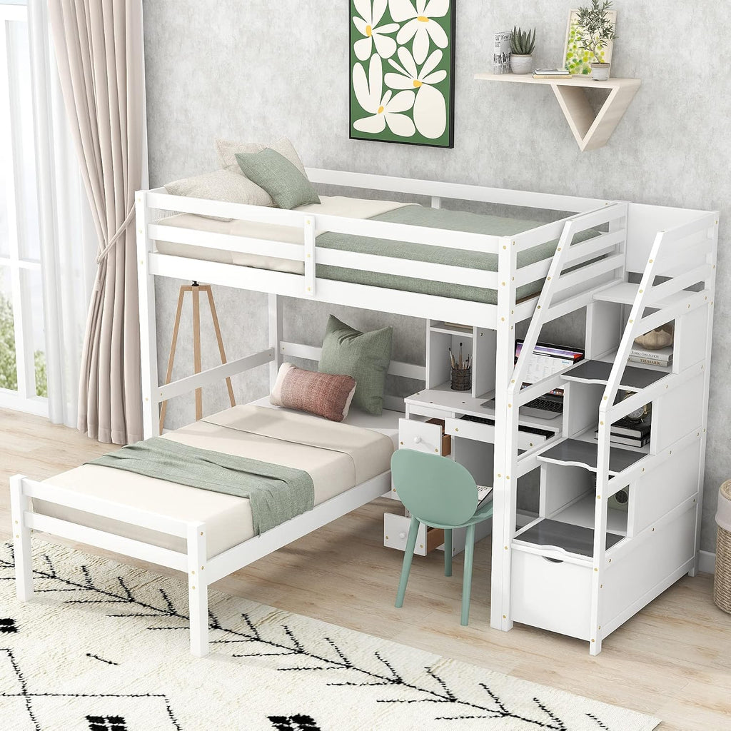 Harper & Bright Designs Twin Over Twin Bunk Bed with Desk, Heavy Duty Wood Loft Bedframe W/Shelves,Easy Assembly,Versatile Functional Bedroom Furniture Set for Boy Girl Teens,White