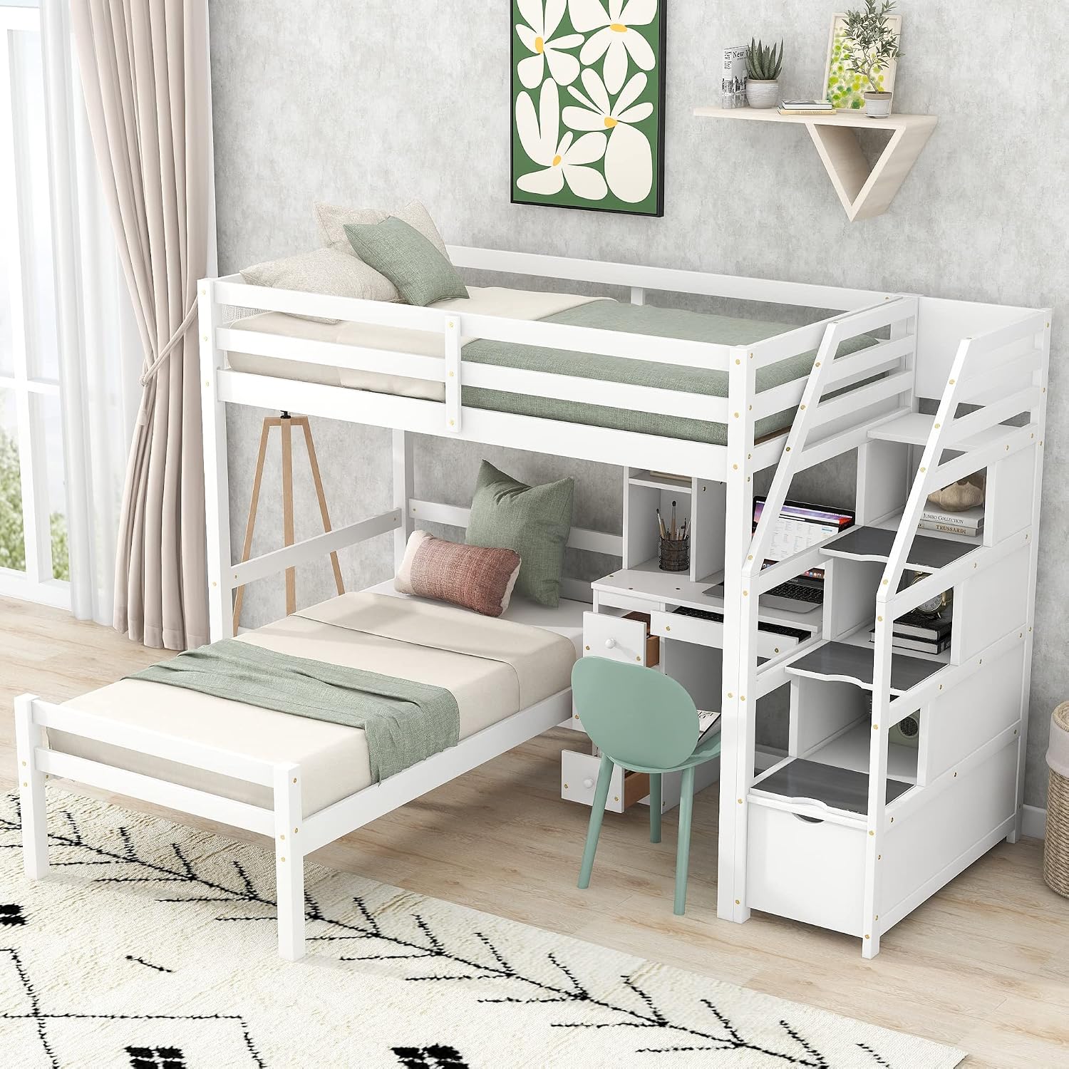 Harper & Bright Designs Twin Over Twin Bunk Bed with Desk, Heavy Duty Wood Loft Bedframe W/Shelves,Easy Assembly,Versatile Functional Bedroom Furniture Set for Boy Girl Teens,White