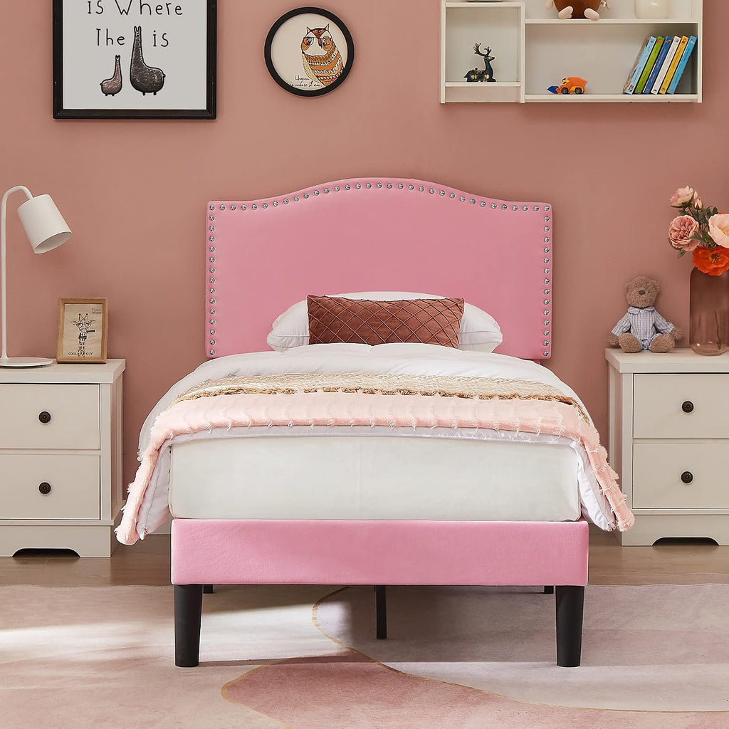 VECELO Twin Bed Frame, Platform Bed Frame with Adjustable Height Upholstered Headboard, Heavy-Duty Frame and Strong Wooden Slats Support, Non-Slip and Noise-Free, Easy Assembly, Pink