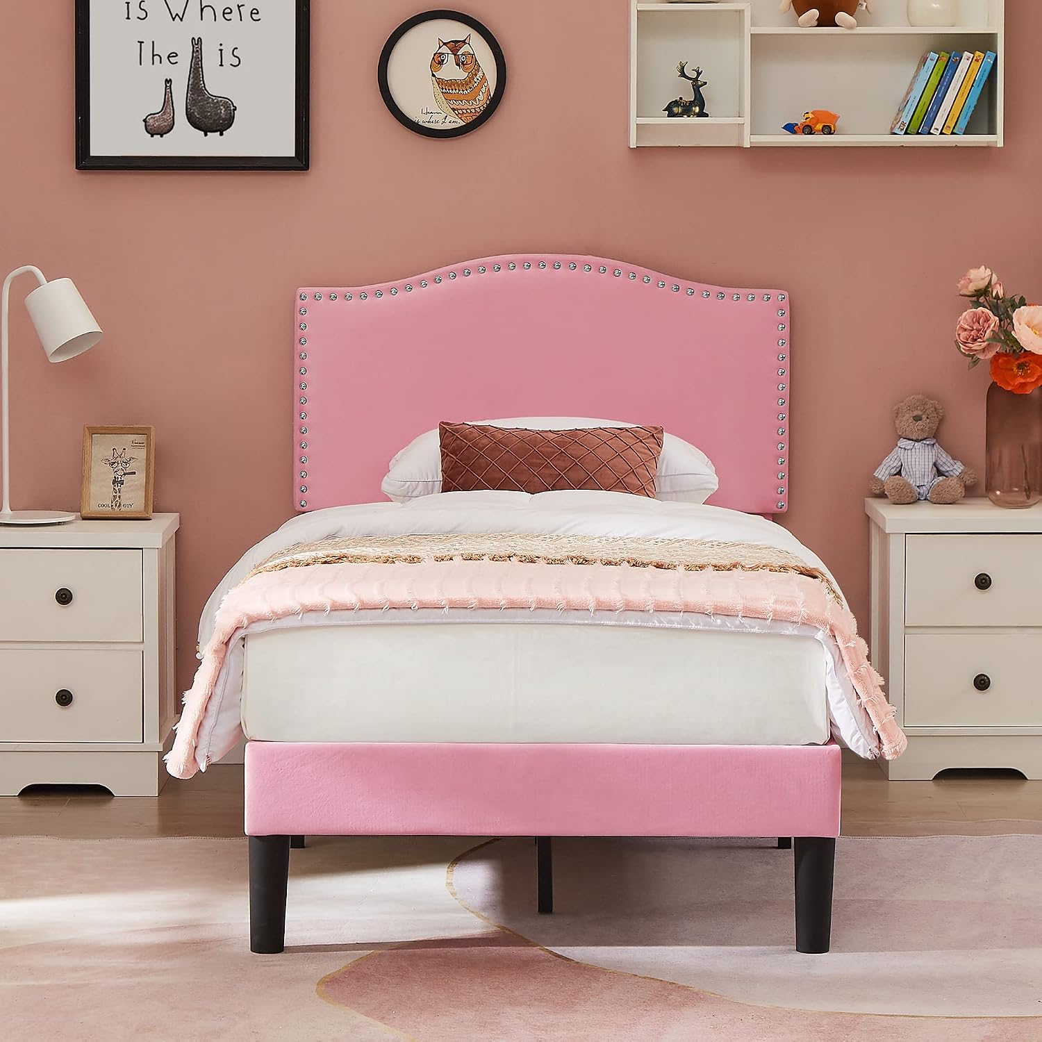 VECELO Twin Bed Frame, Platform Bed Frame with Adjustable Height Upholstered Headboard, Heavy-Duty Frame and Strong Wooden Slats Support, Non-Slip and Noise-Free, Easy Assembly, Pink