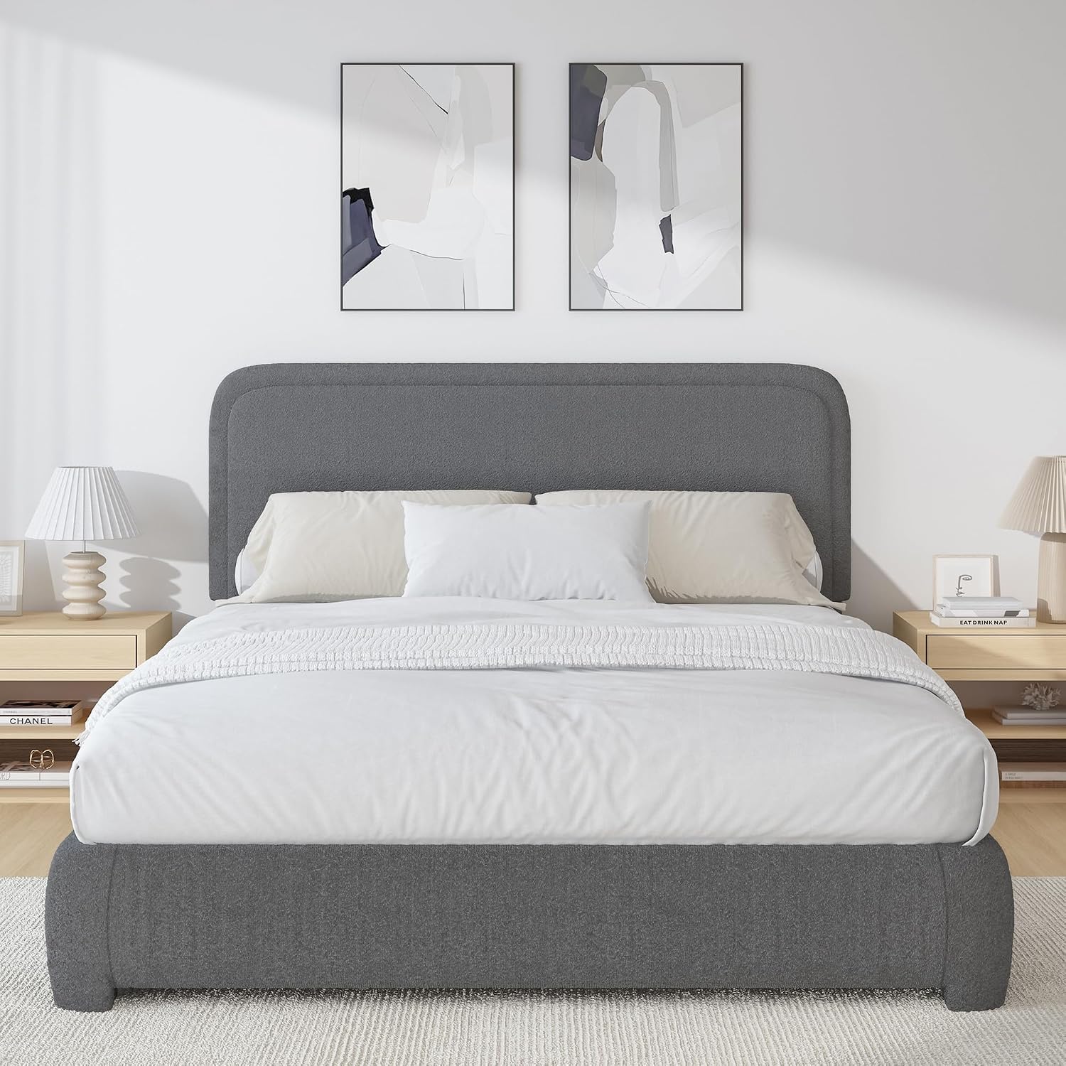 BarnFurin Full Size Bed Frame, Upholstered Platform Bed with Headboard, Boucle Soft and Cloud Bed Frame, No Box Spring Required, Non-Slip and Noise-Free, Easy Assembly, Dark Grey