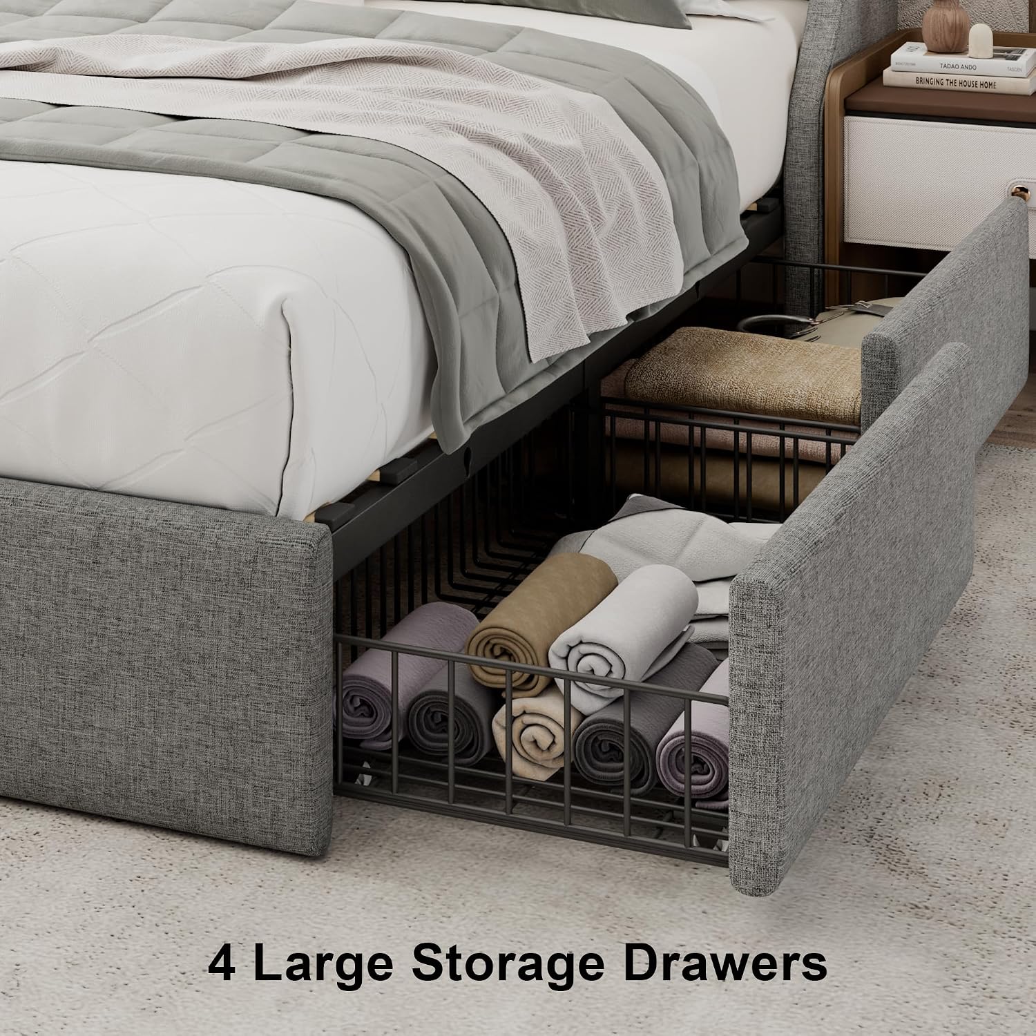 Einhomn Upholstered Full Size Bed Frame with 4 Storage Drawers, Platform Bed Frame with Wingback Headboard, Charging Station, No Box Spring Needed, Light Grey