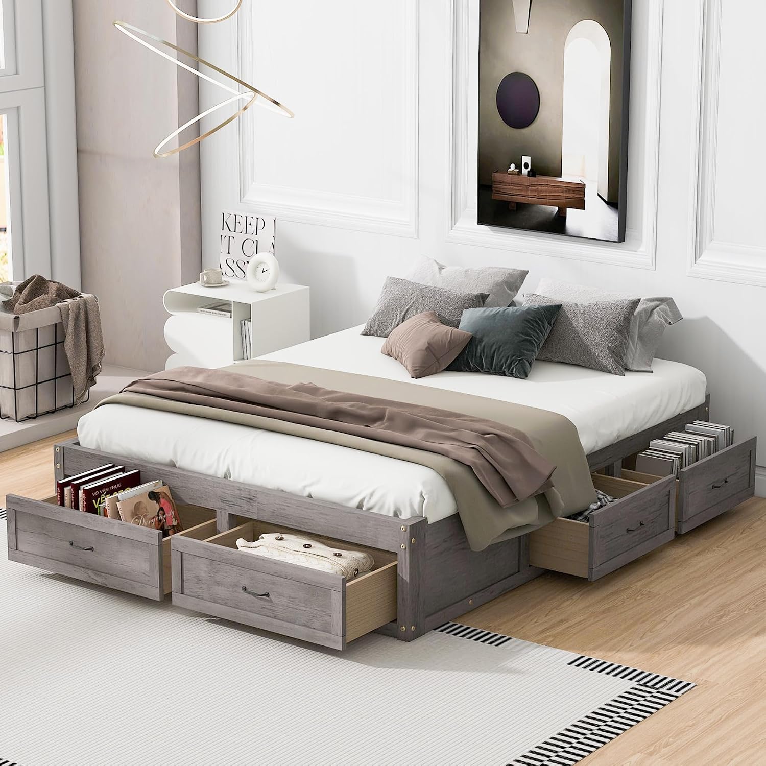 CITYLIGHT Queen Size Platform Bed with 6 Drawers, Wooden Queen Bed Frame with Storage and Wood Slat Support, Antique Grey