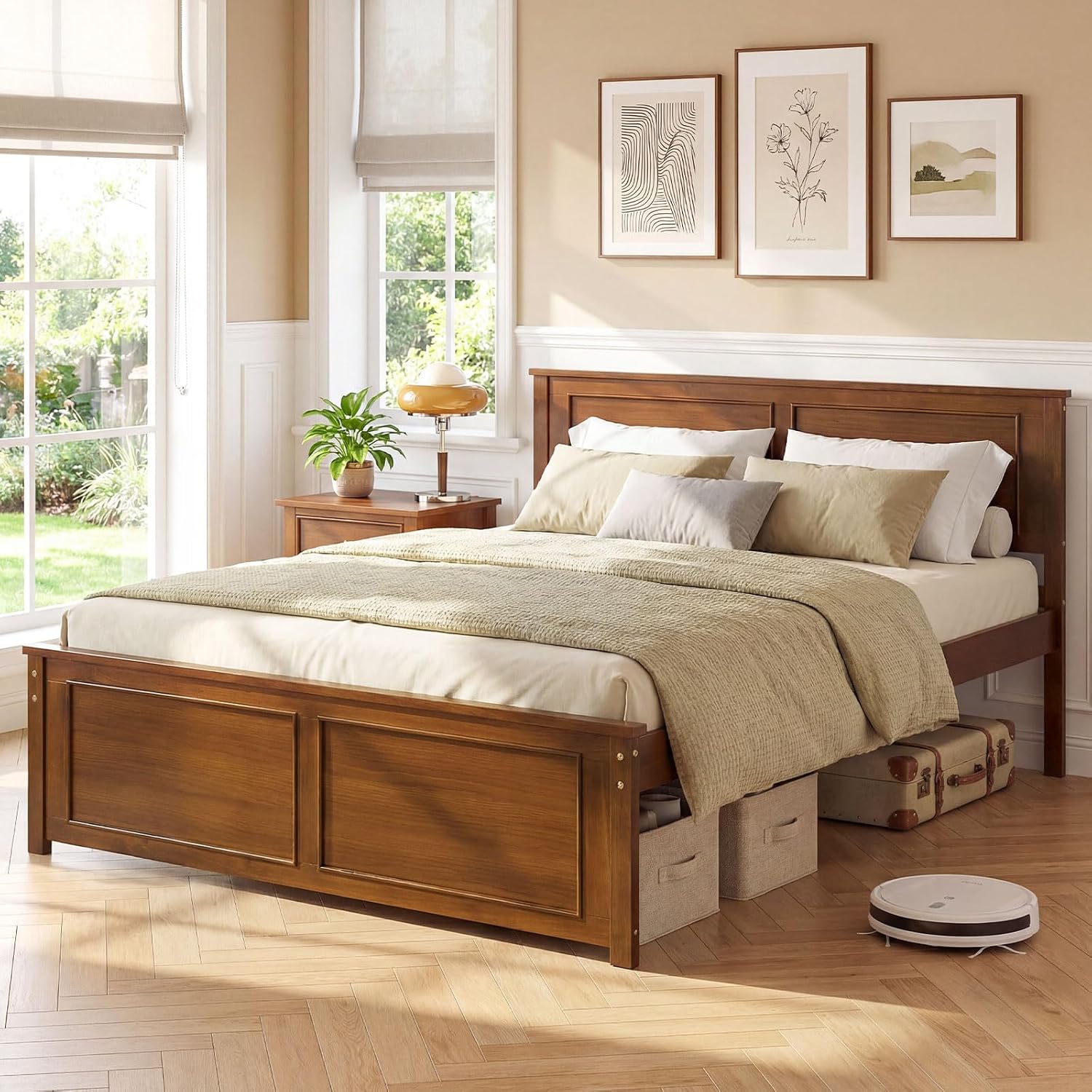 Giantex Wood Full Size Bed Frame with Headboard, Farmhouse Solid Platform Bed w/Wooden Slat Support Mattress Foundation, Under-Bed Storage, No Box Spring Needed, Walnut