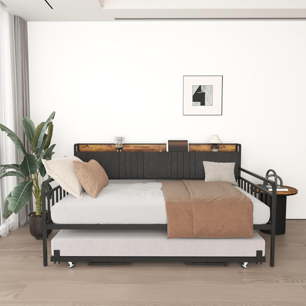 Daybed with Trundle, Sturdy Metal Twin Size Bed Frame with Upholstered Headboard & Charging Station and LED Light for Living Room, Bedroom and Guest Room (Black Brown, Twin)
