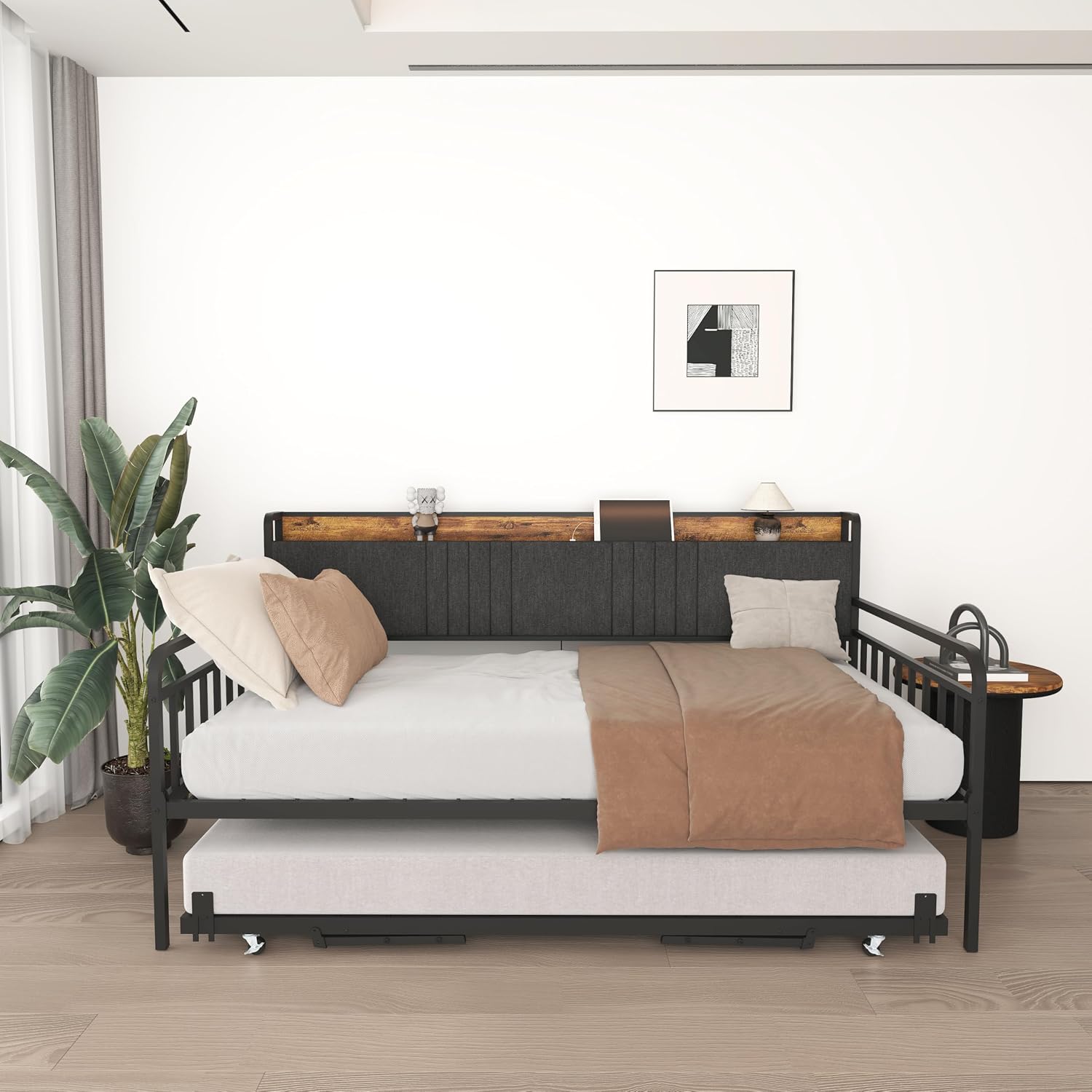 Daybed with Trundle, Sturdy Metal Twin Size Bed Frame with Upholstered Headboard & Charging Station and LED Light for Living Room, Bedroom and Guest Room (Black Brown, Twin)