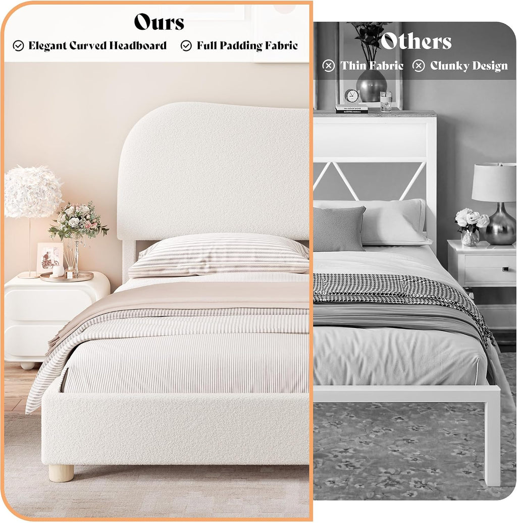 AMERLIFE King Size Upholstered Boucle Bed Frame, Soft Cloud Platform Bed with Adjustable Headboard, Modern Design, Rounded Corners, Rubberwood Legs, No Box Spring Needed, Easy Assembly, Cream