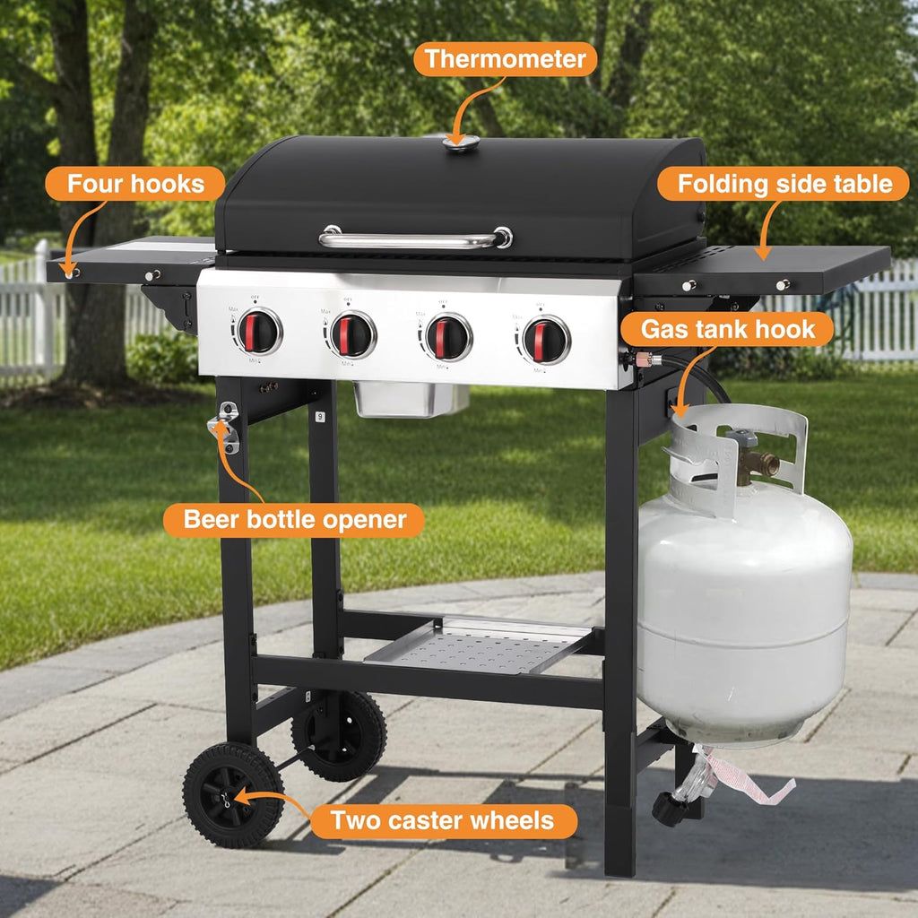 4 Burner Propane Grill | Portable Gas Grills with Foldable Cart Table and Wheels | Heavy Duty with Cast Iron Grate, Stainless Steel,40000 BTU Output, Easy Clean for BBQ Outdoor Grill