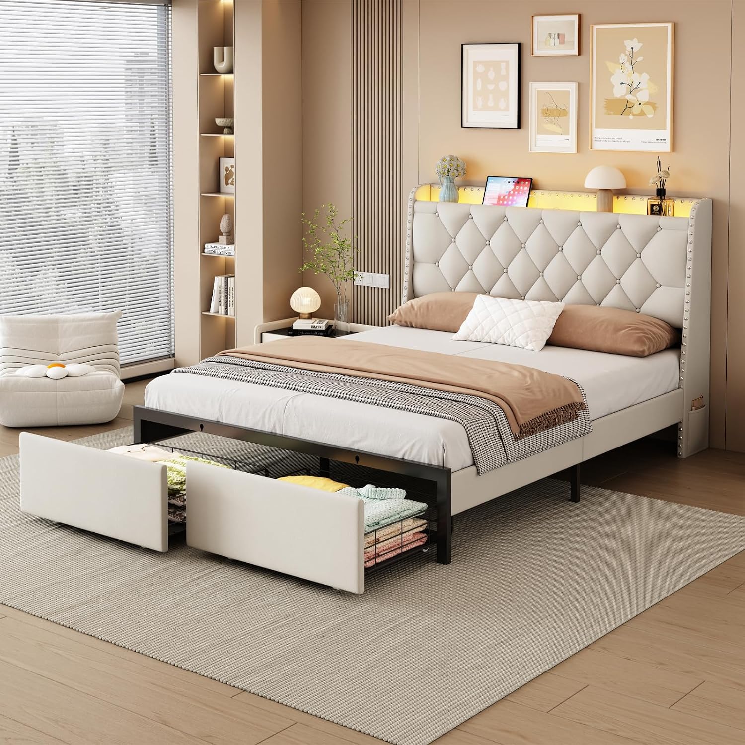 Full Bed Frame with Storage Drawers, LED Bed Frame with Charging Station, Velvet Button Tufted Upholstered Headboard, Wood Slats Support Noise-Free, No Box Spring Needed, Beige