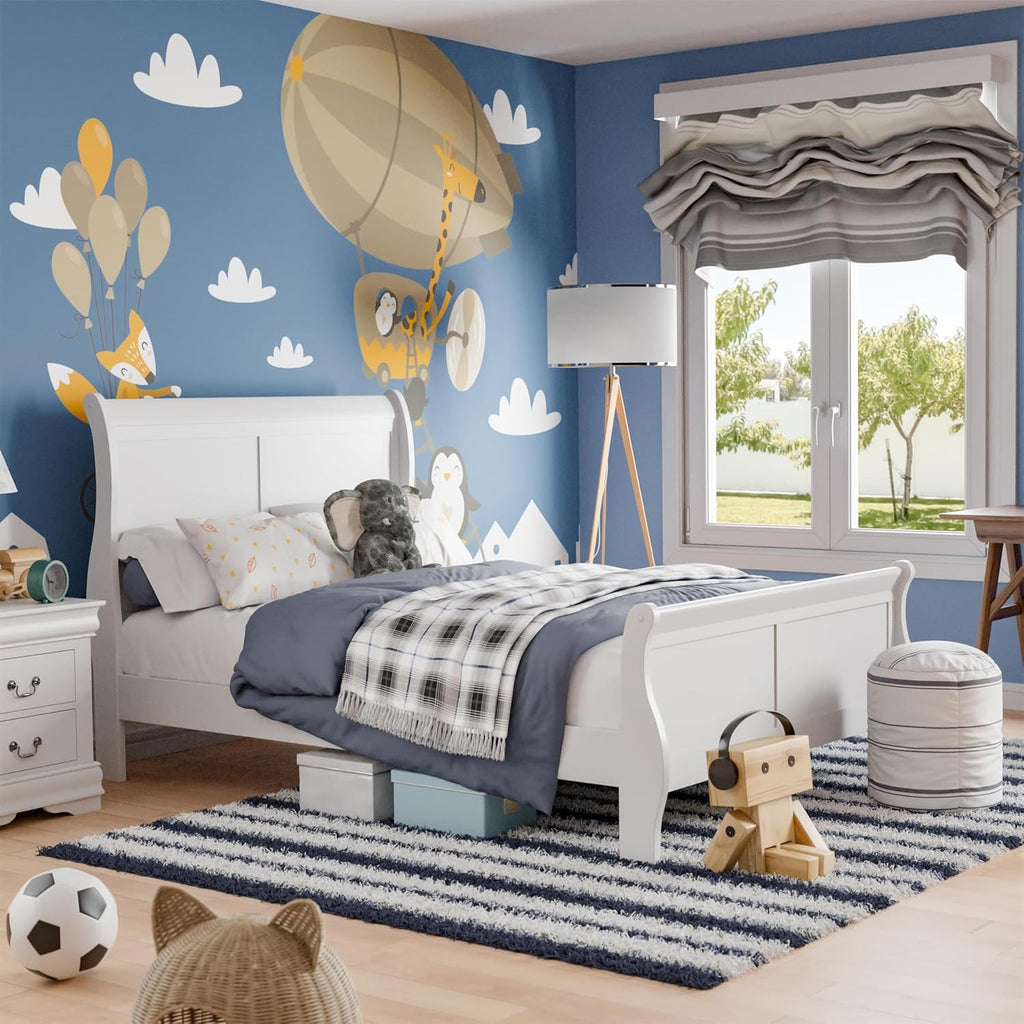 BOWERY HILL Transitional Solid Wood Twin Panel Bed, White Finish, 83.5' L x 41.38' W x 47.25' H, Sleigh Design, Curved Headboard and Footboard, Durable Kids Bedroom Furniture, Box Spring Required