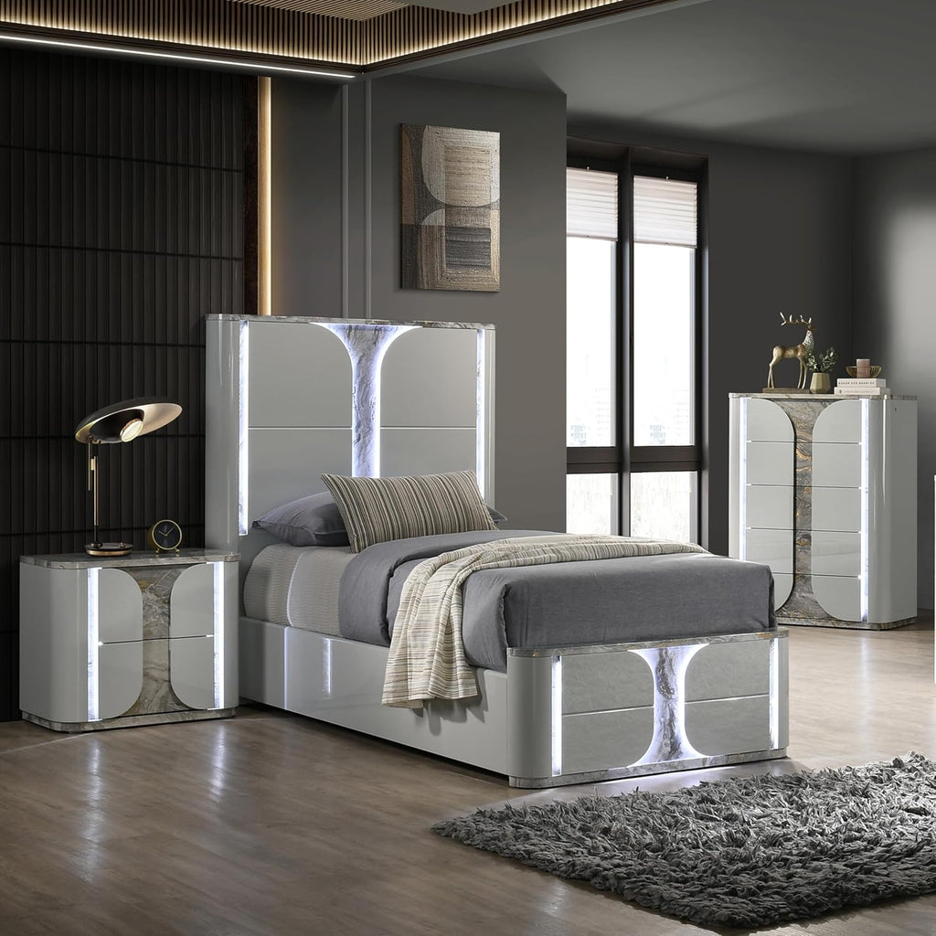 Furniture of America Bruna Modern Wood 3-Piece Bedroom Set with Touch-Control LED Bed, Felt-Lined Top Drawer and LED on Nightstand and Chest, No Box Spring Needed for Bedroom, Twin, Light Gray