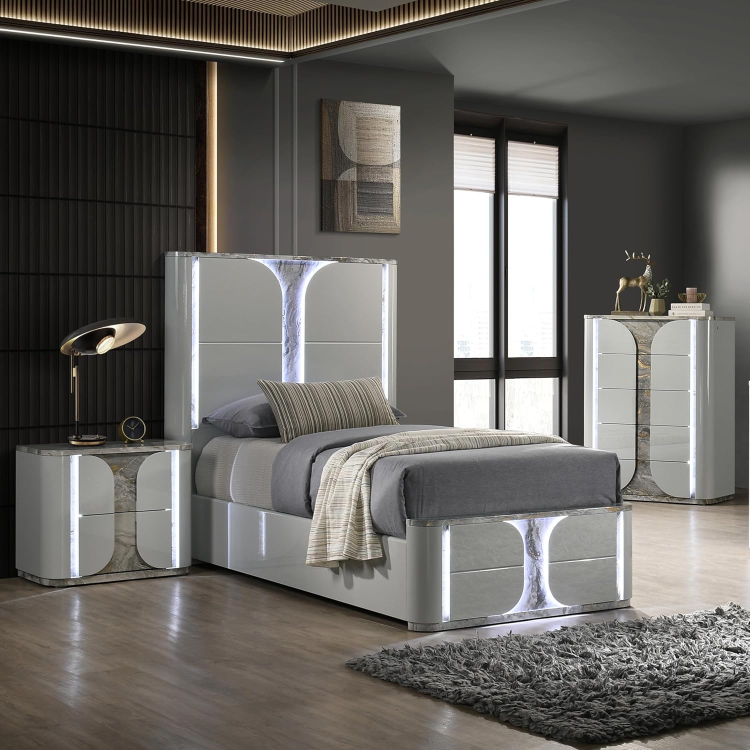 Furniture of America Bruna Modern Wood 3-Piece Bedroom Set with Touch-Control LED Bed, Felt-Lined Top Drawer and LED on Nightstand and Chest, No Box Spring Needed for Bedroom, Twin, Light Gray