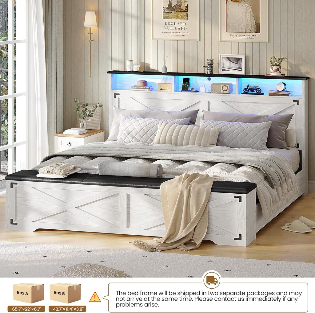 Hasuit Queen Size Bed Frame with Storage Ottoman, Farmhouse Bed Frame with Charging Station and Led Light, Headboard with Storage Rack, Metal Slats, No Noise Design, No Box Spring Needed,Walnut White
