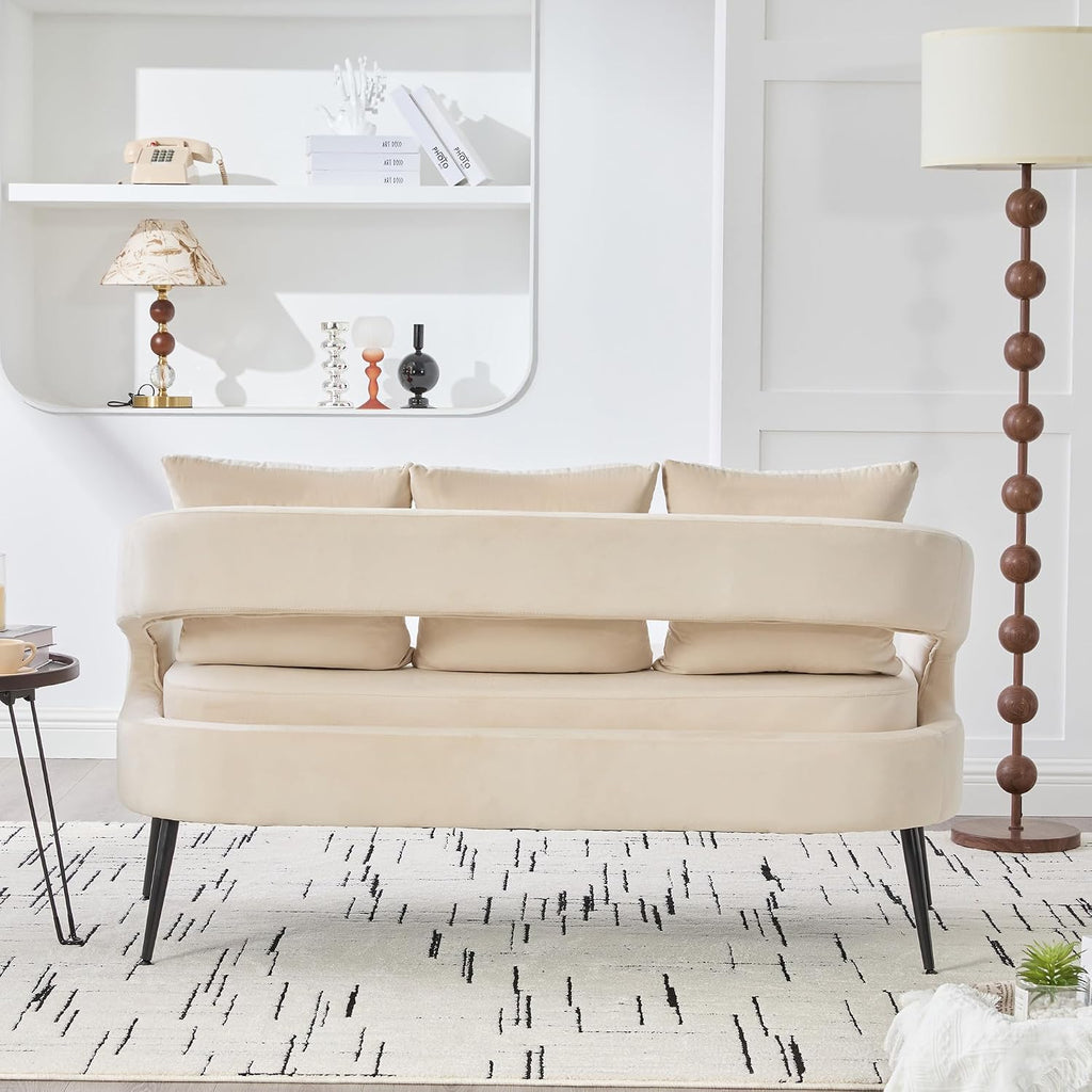 53.7' Modern Velvet Loveseat Sofa with 3 Pillow,Small Comfortable 2 Seat Sofa with Metal Legs, Small Couch for Living Room,Bedroom,Office,Reception,Beige