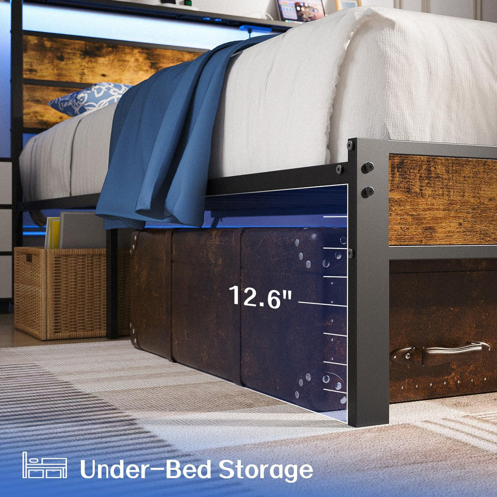 Liians Full Metal Bed Frame with USB Charging Station, Headboard Storage, LED Lights, Noise-Free Design, No Box Spring Needed Visit the Store
