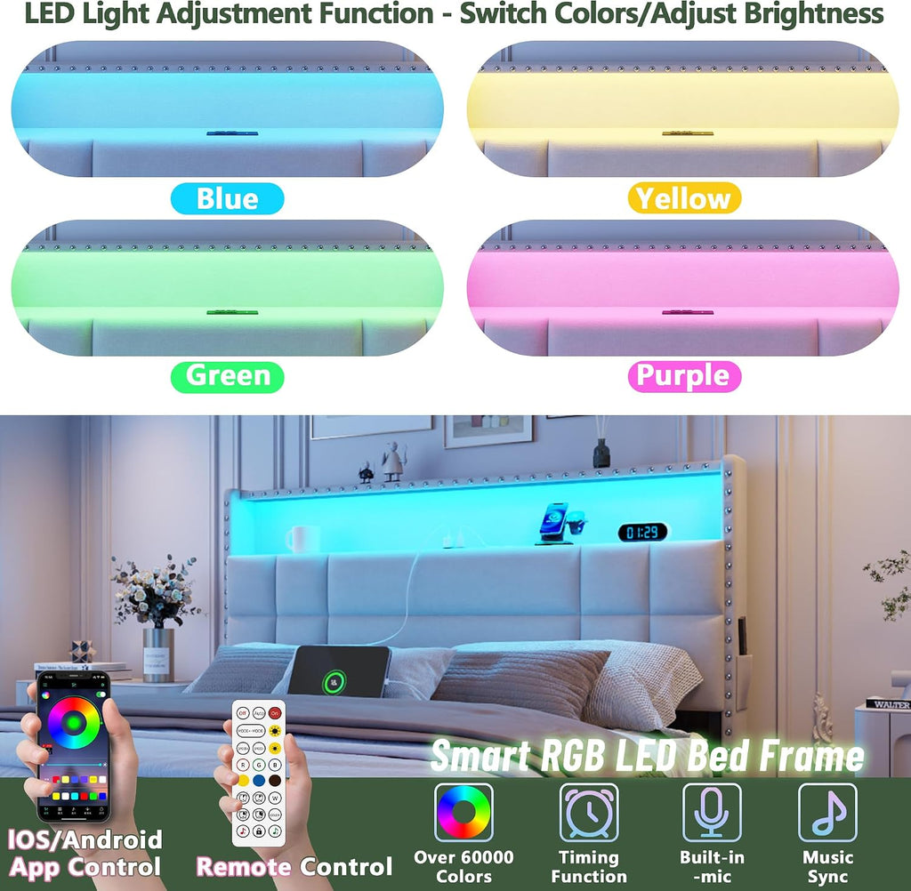 OURPIC Queen Bed Frame with 4 Storage Drawers & Headboard, Upholstered Platform Bed Frame Queen Size with Charging Station & LED Lights, No Box Spring Needed, Metal Slats Support, Noise Free, Beige