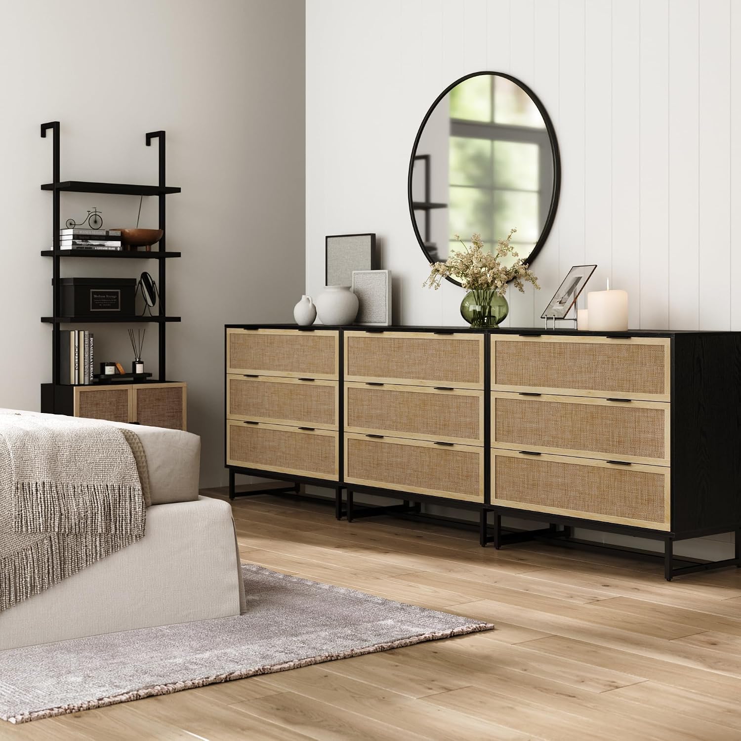 Nathan James Kova Boho Dresser or Storage Cabinet with Drawers for Bedroom or Nursery with Textilene Rattan Accent and Metal Legs, Black Oak, Set of 3