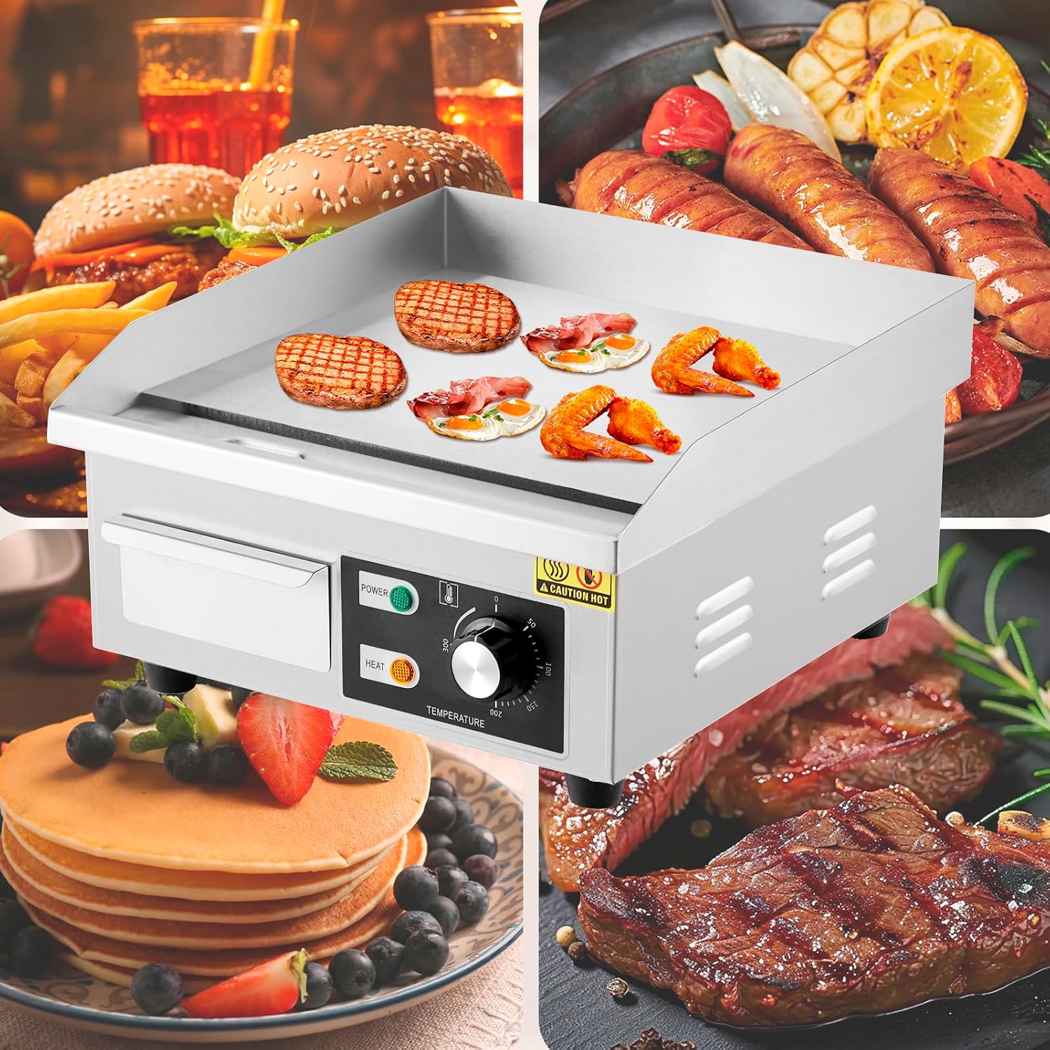 Takywep 14' Commercial Electric Griddle, Stainless Steel Countertop Griddle, Electric Flat Top Grill With Shovel Brush, Restaurant Teppanyaki Grill Cooking Equipment, Temperature Control 50°C - 300°C