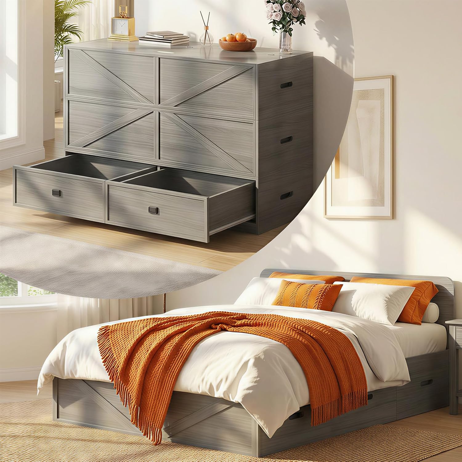 CECER Full Size Murphy Bed with Mattress Include，Murphy Bed Full with Storage Drawers，Multi-Functional Desgin that Converts to Sofa Set for Small Spaces/Guest Room/Bedroom（Grey）
