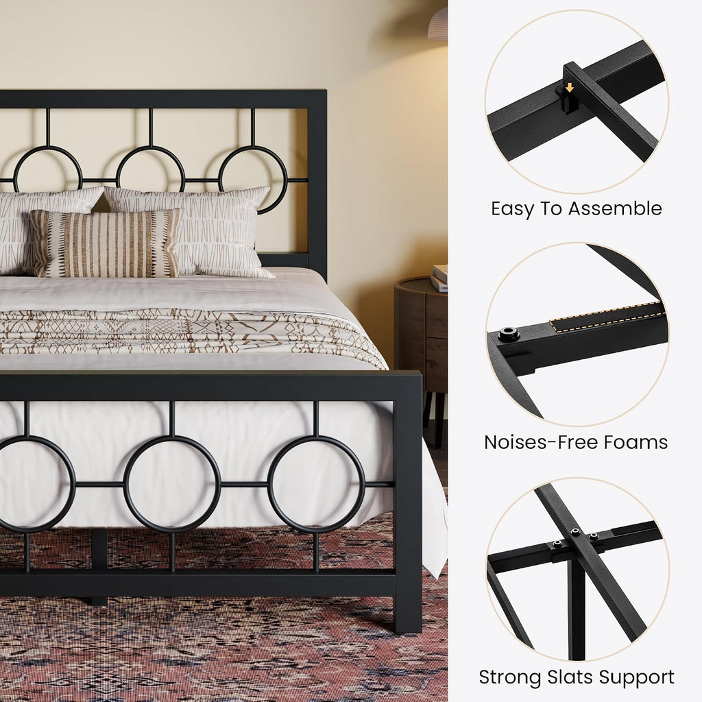 SHA CERLIN Full Size Metal Bed Frame with Vintage Circular Design Headboard and Footboard,No Box Spring Required,Easy Assembly,Noise-Free,Black