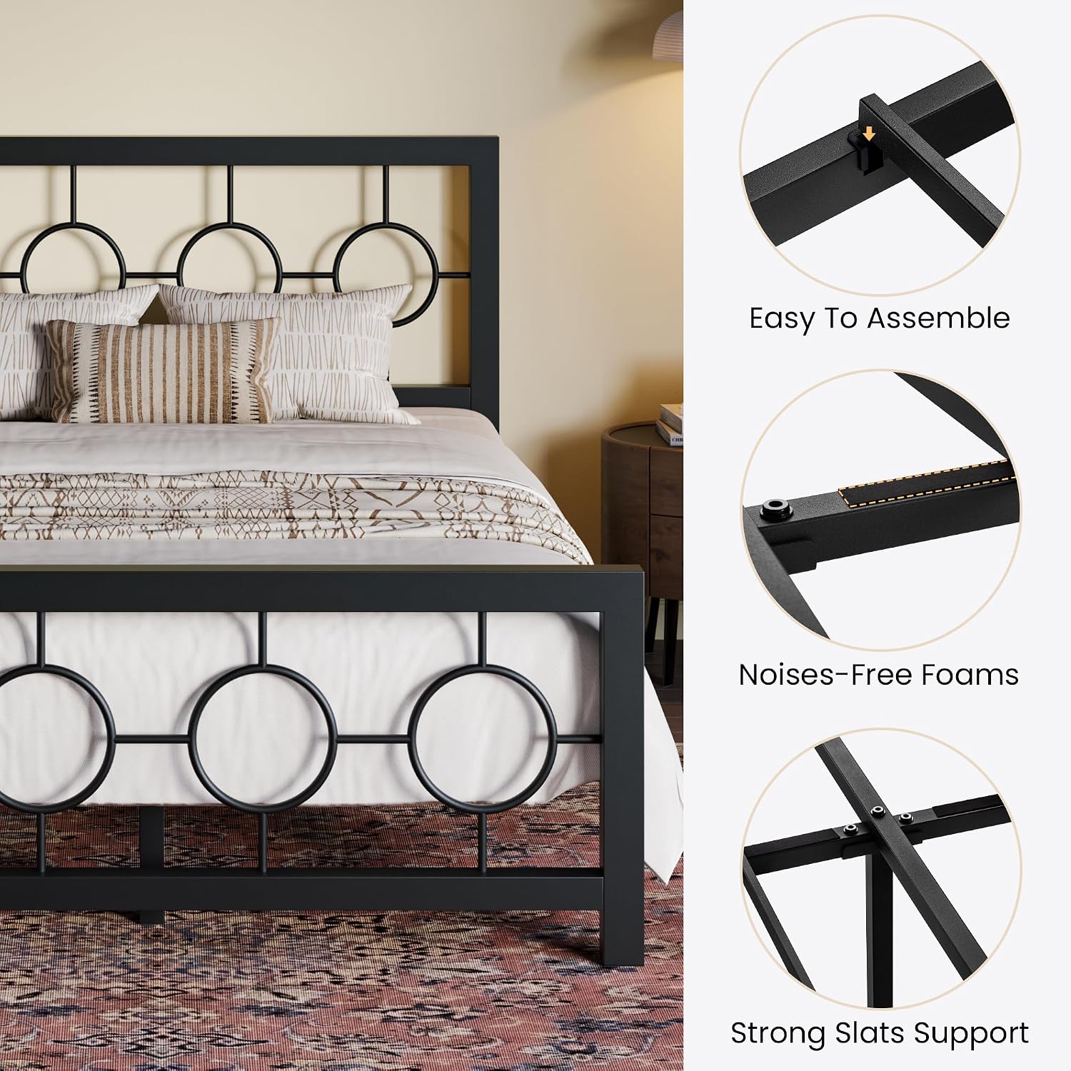 SHA CERLIN Full Size Metal Bed Frame with Vintage Circular Design Headboard and Footboard,No Box Spring Required,Easy Assembly,Noise-Free,Black