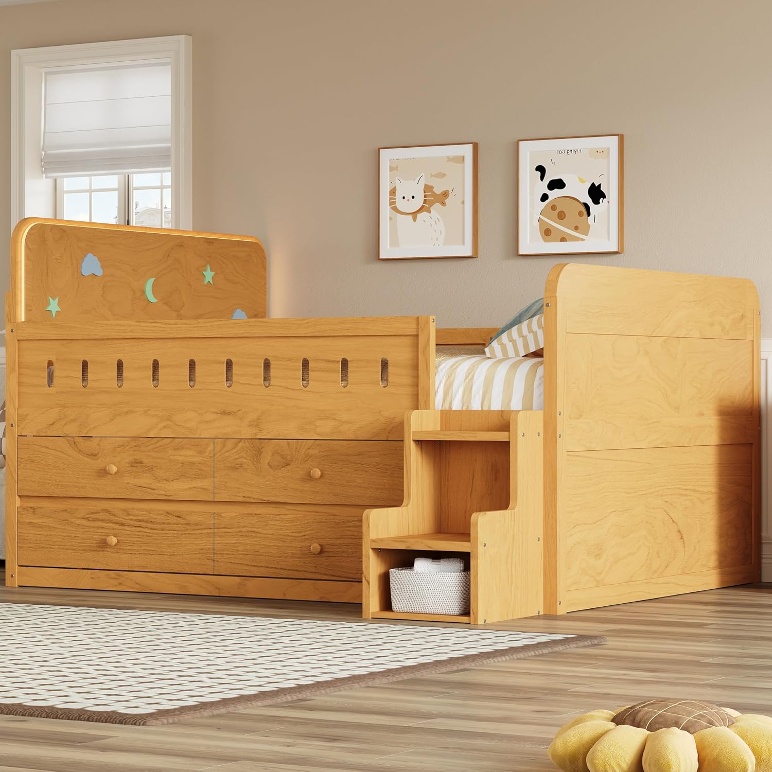 VilroCaz Full Size Platform Bed with Guardrail and 4 Drawers, Wooden Kids Platform Bed Frame with Two-Step Staircases and Light Strip for Boys Girls, Sturdy Slats Support (Wood-11A)
