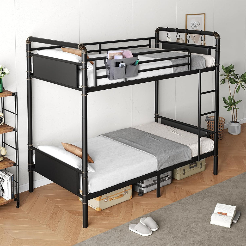 Jocoevol Metal Bunk Bed Twin Over Twin, Industrial Bunkbeds Heavy Duty Bed with Safety Guard Rails and Space-Saving Design, Steel Bed for School, Bedroom (Black)